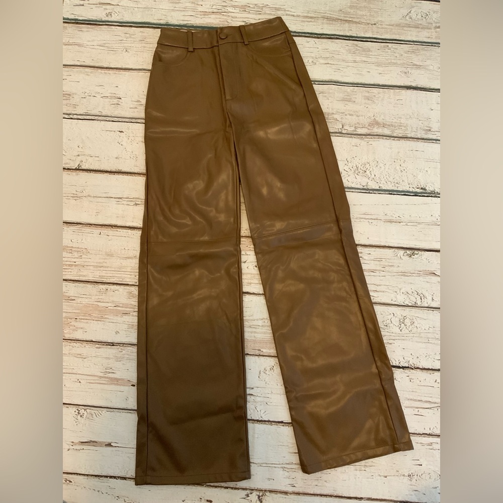 SHEIN Petite XXS Brown Faux Leather Pants Straight Leg Espresso Coffee Aesthetic